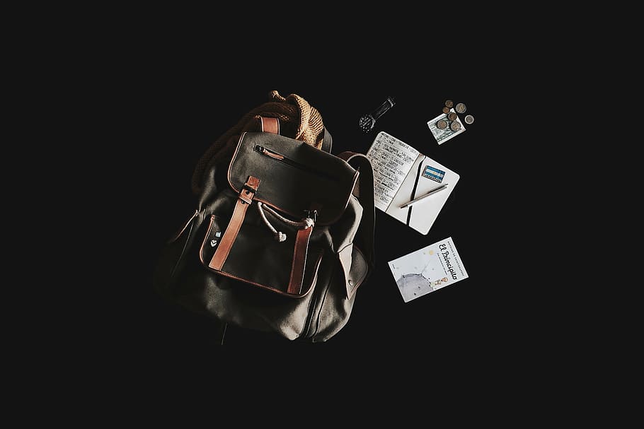 bucket bag beside notebook with pen on top, backpack, money HD wallpaper