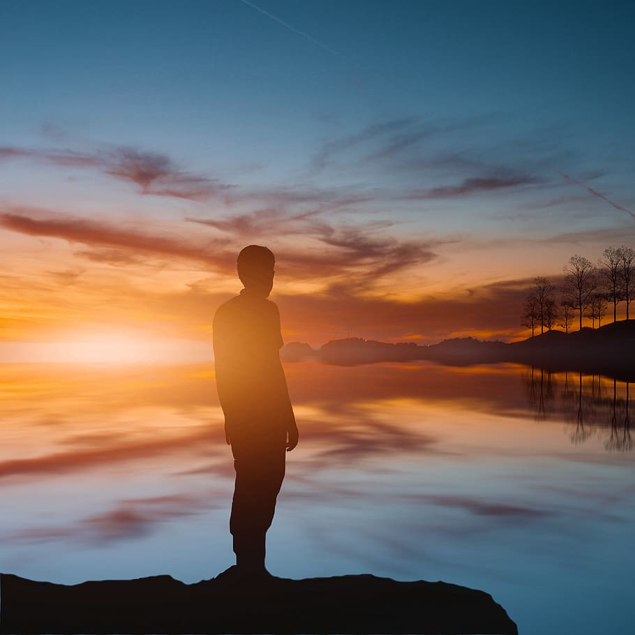 sunset, reflection, man, view, beautiful view, clouds, wallpaper HD wallpaper