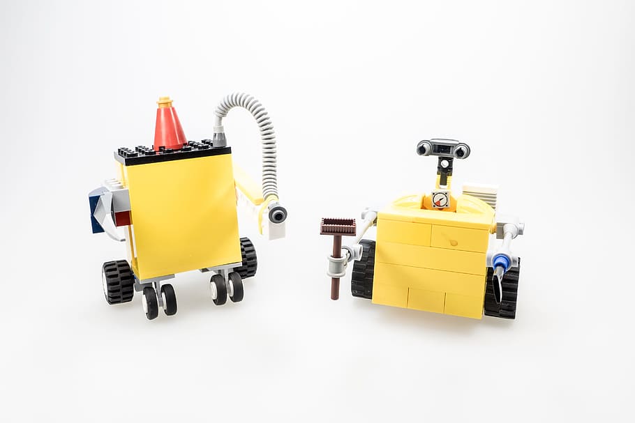 two yellow industrial machines, Lego, Wall-E, Figure, Cult HD wallpaper