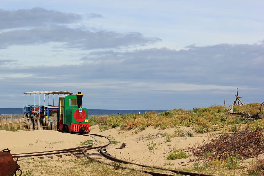 train, beach, nature, sky, blue, cloudy sky, red, land, day HD wallpaper