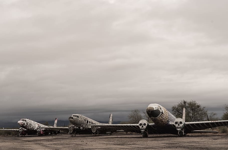 airplane, clouds, dark, trees, skull, art, airport, trip, wings HD wallpaper