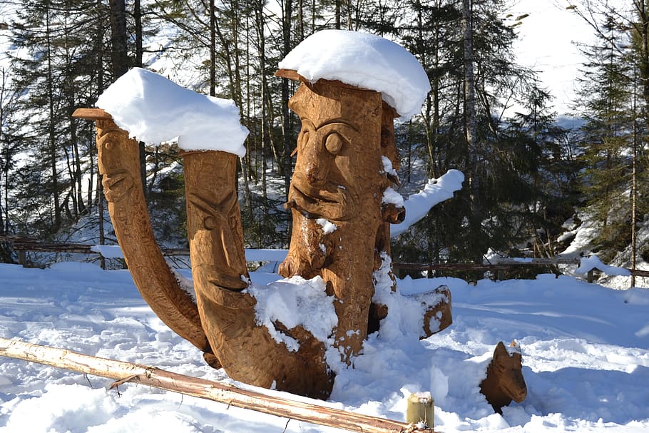 aschau, austria, winter, alpine, sculpture, wood, snow, kitzbühel, HD wallpaper