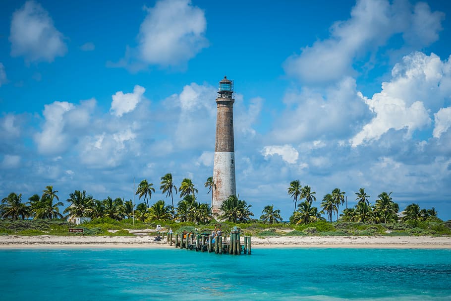 gray lighthouse near trees and sea, lighthouse on an island under blue sky during daytime