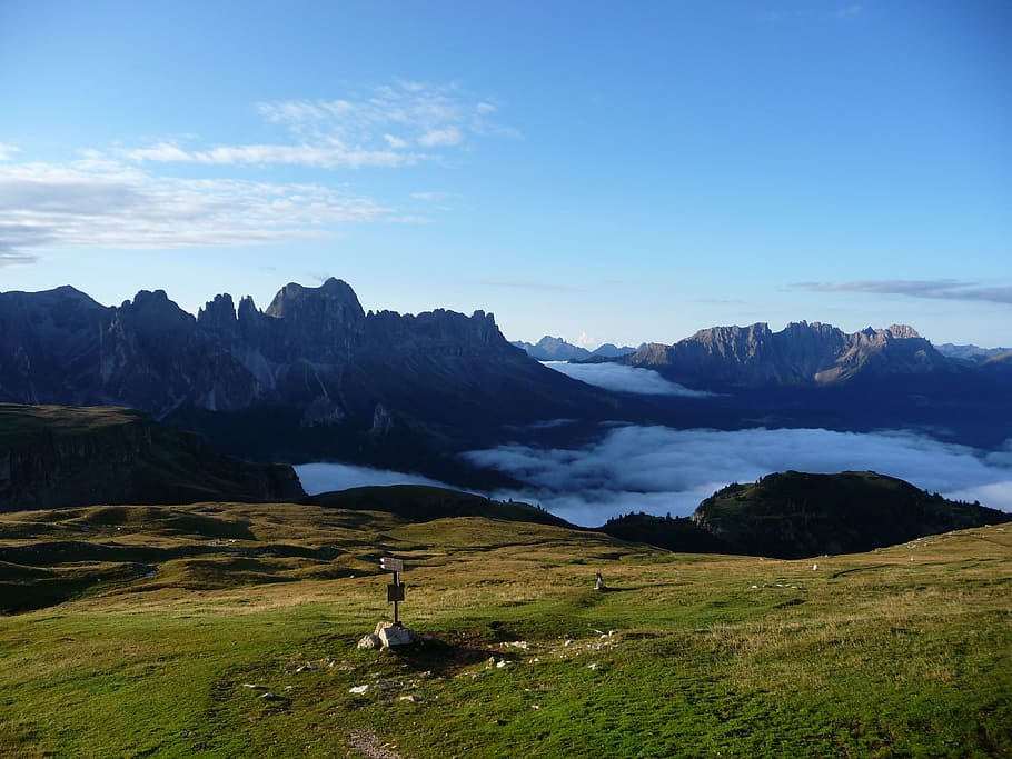 mountains, alpine, morgenstimmung, landscape, nature, fog, south tyrol, HD wallpaper