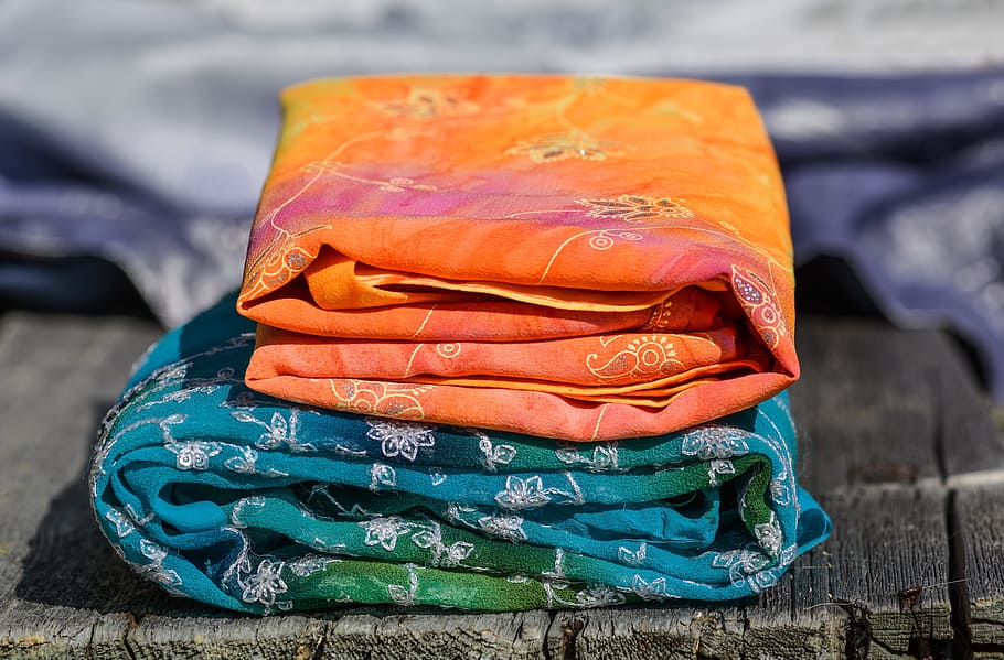orange and teal floral textiles, fabric, pattern, texture, cloth HD wallpaper