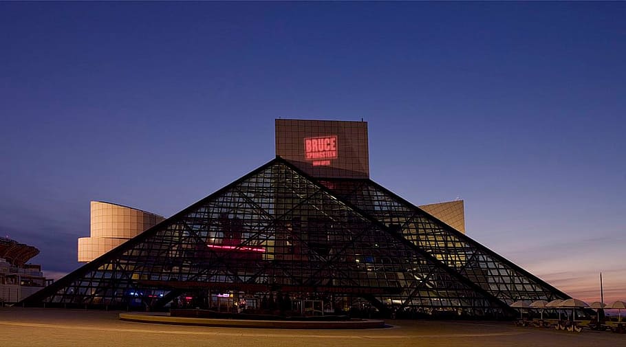 Rock and Roll Hall of Fame under blue sky during golden hour