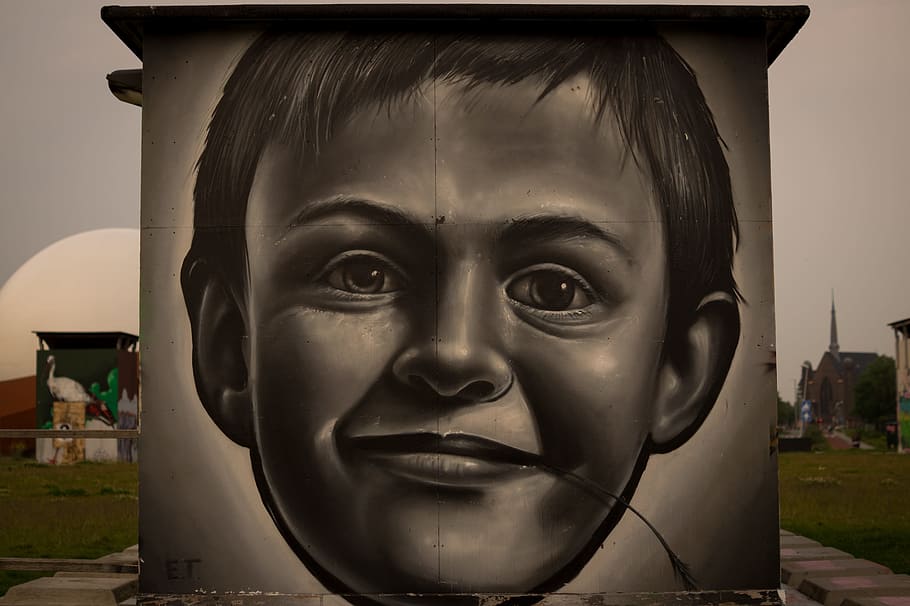 boy, face, drawing, poster, wall, gray, young, kid, painting HD wallpaper