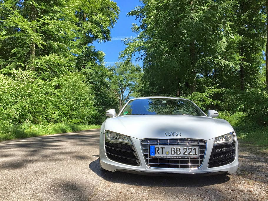 white Audi vehicle near green leafed trees under clear blue sky during daytime HD wallpaper