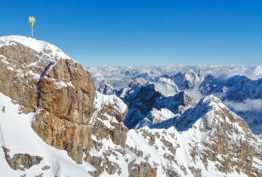 glacier mountains under blue sky during daytime, zugspitze, summit, HD wallpaper