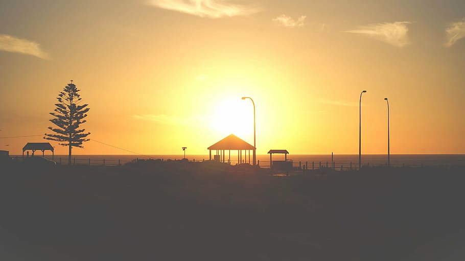 silhouette of pergola under golden sky, photo, house, towers HD wallpaper