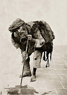 grayscale photo of man with stick, black and white, beggars HD wallpaper