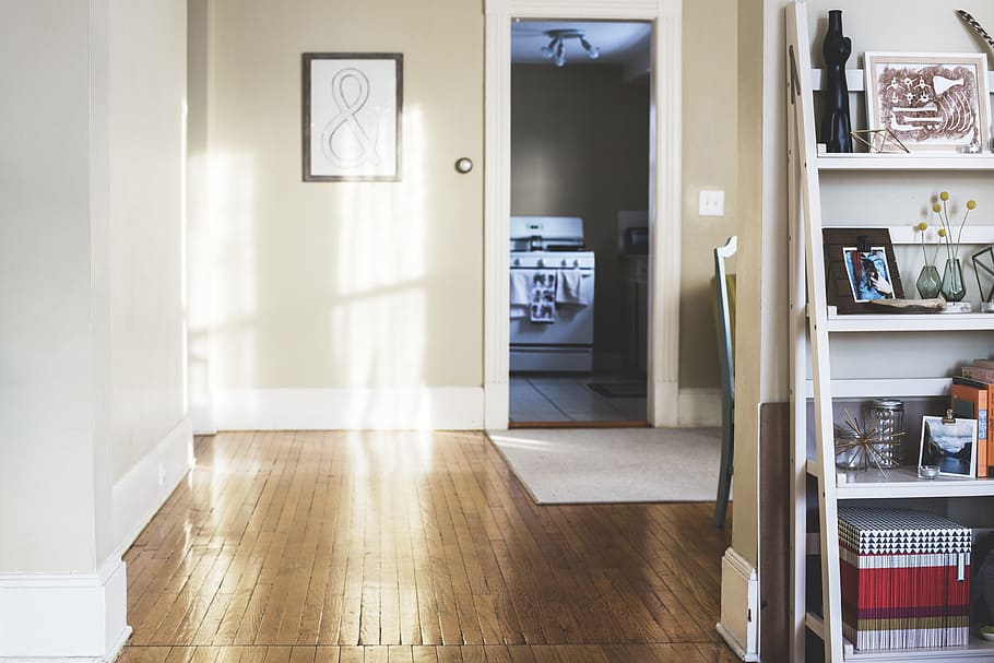 photo of white painted room, house with brown parquet flooring and white wooden 4-layer rack HD wallpaper