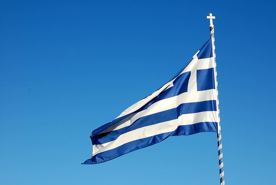 Greece flag, raised white and blue flag, stripe, pole, flagpole HD wallpaper