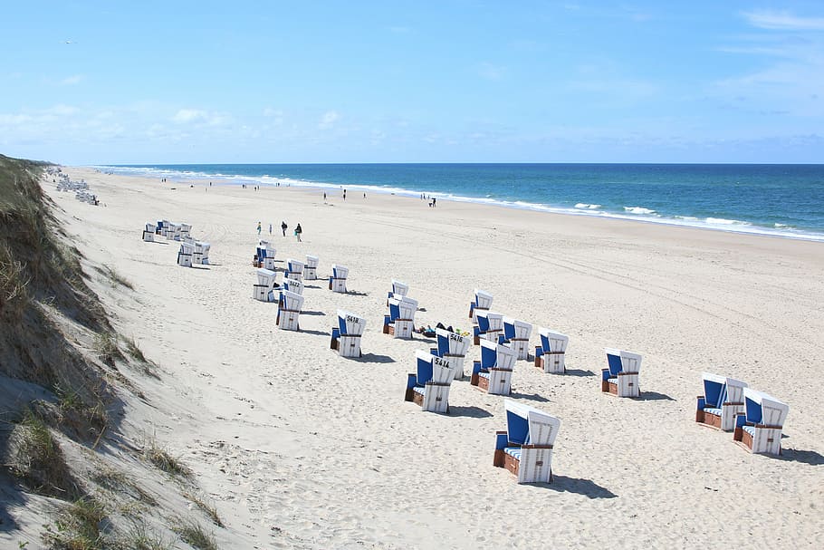 beach, sand, ocean, chairs, tents, water, blue, clouds, leisure HD wallpaper