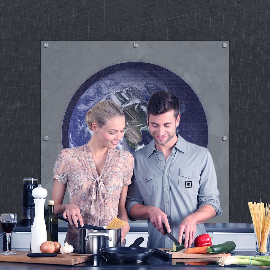 man and woman cooking, kitchen, couple, vegan, vegetarian, modern HD wallpaper