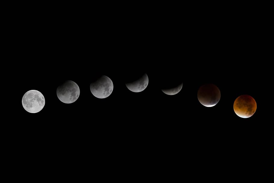moon, lunar eclipse, red moon, black, white, orange, night HD wallpaper