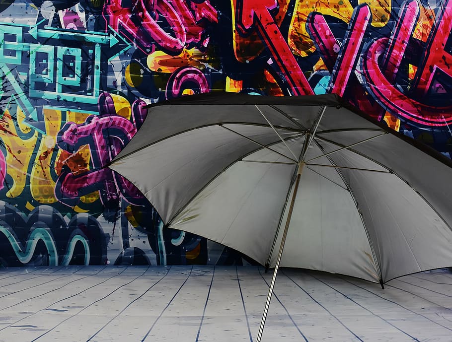 umbrella, screen, protection, rain, wall, graffiti, colorful HD wallpaper