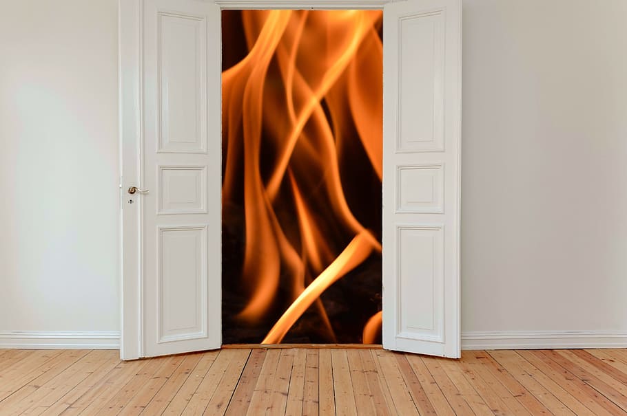 illustration of fire, hinged doors, input, old door, access HD wallpaper
