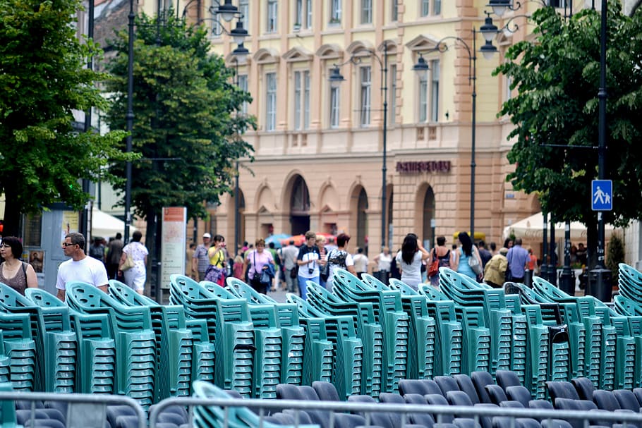 chairs, outside, buildings, group of people, crowd, architecture HD wallpaper