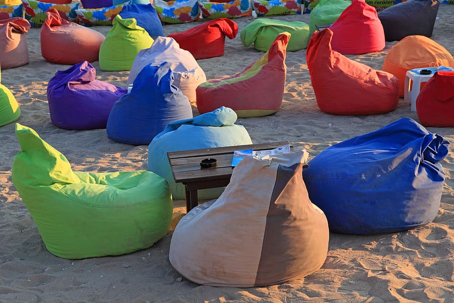HD wallpaper: bean bags on sand, beach, beautiful, chair, color, comfort, furniture - Wallpaper Flare