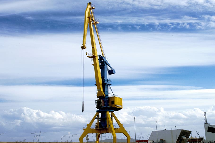 clouds, sky, blue, yellow, crane, industry, port, machinery HD wallpaper