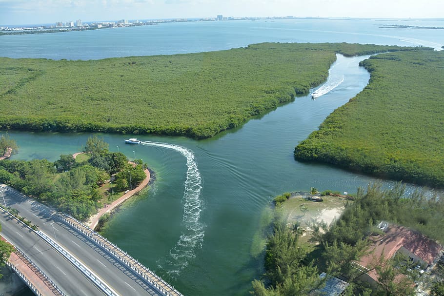 aerial photography of body of water, cancun, bridge, panoramic HD wallpaper