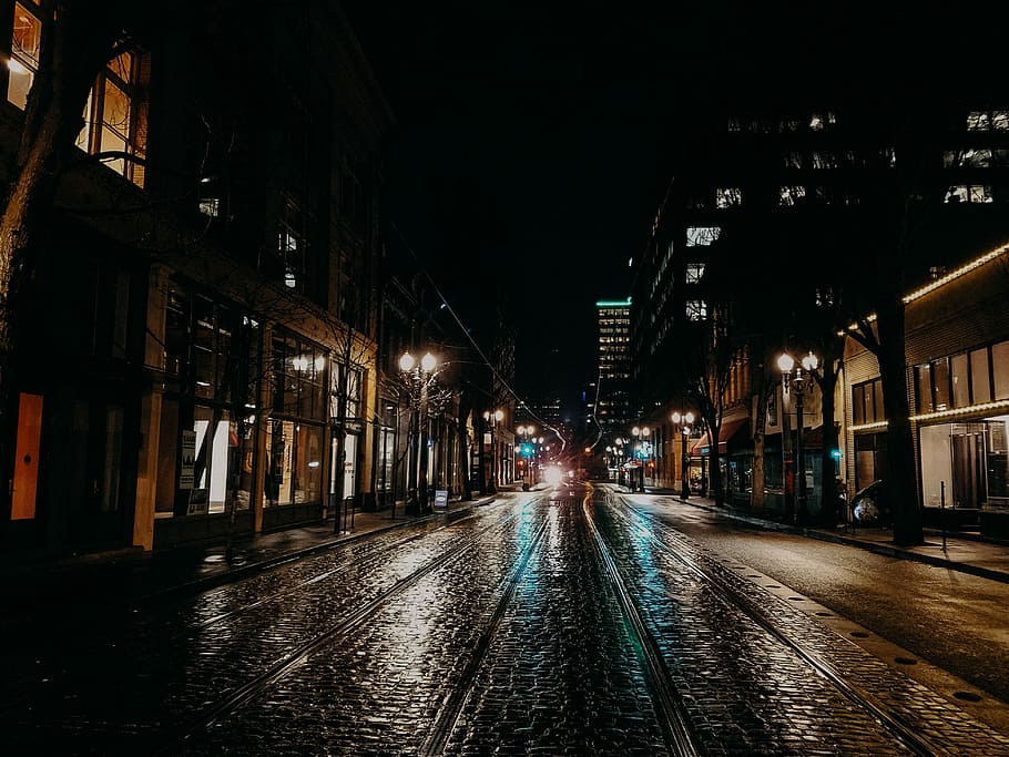 road during nighttime, untitled, street, reflection, light, building exterior HD wallpaper