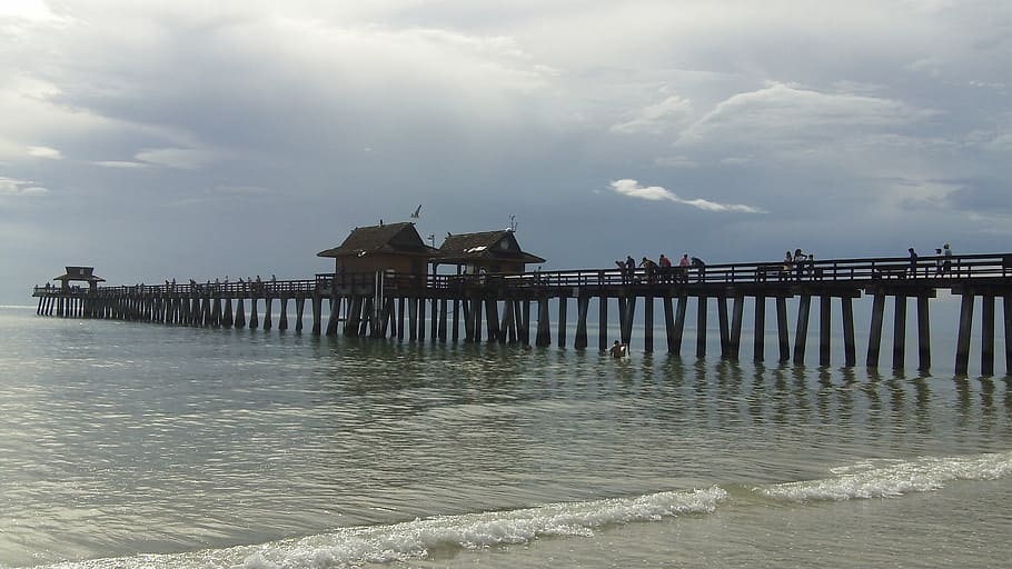 wooden dock under cloudy sky, naples, pier, architecture, travel, HD wallpaper