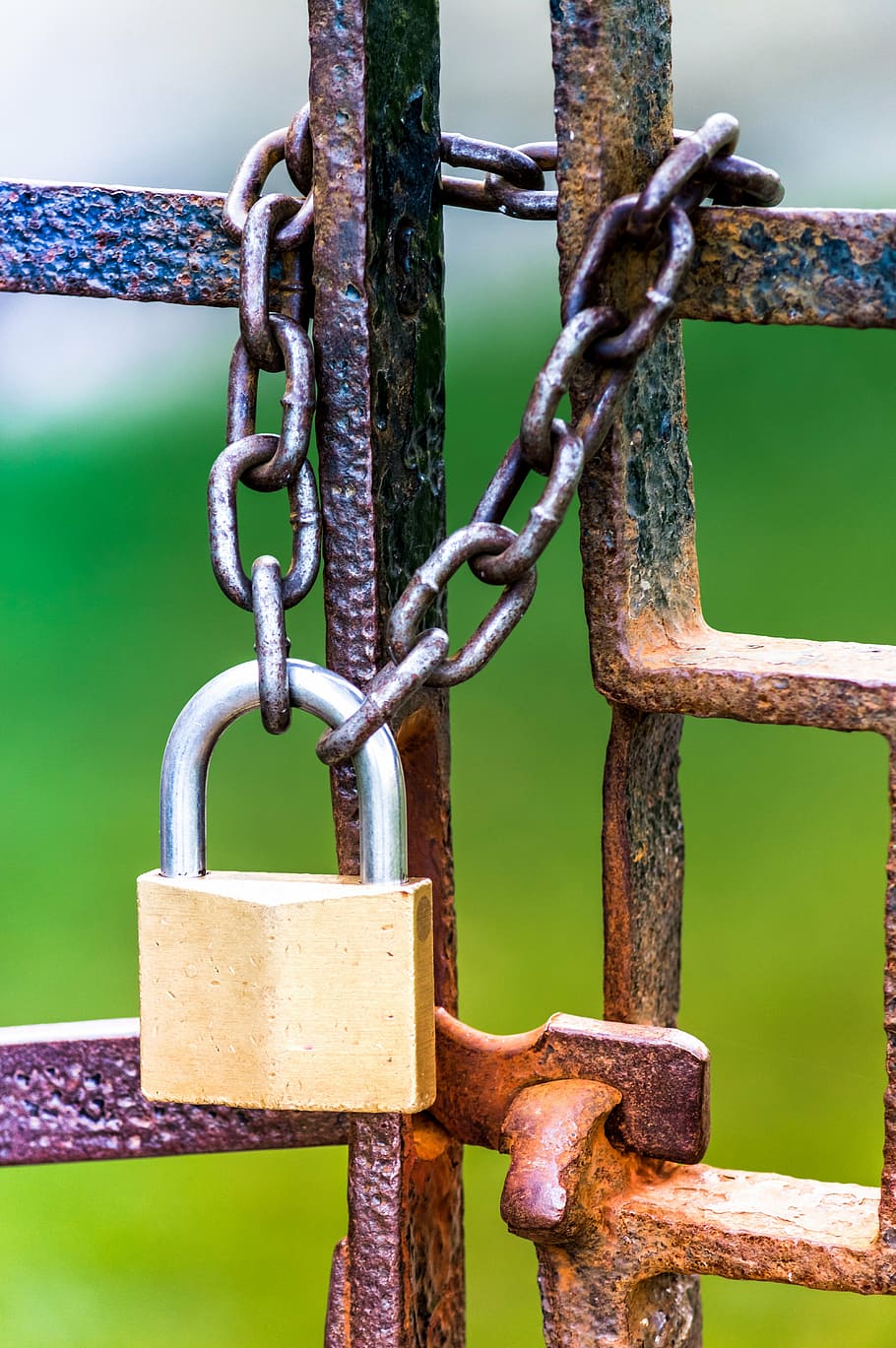 copper-colored pad lock with chain, locked, secure, security HD wallpaper
