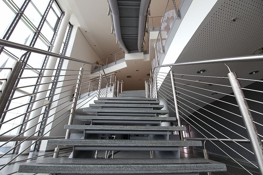low angle view of gray stairway, level, glass, architecture HD wallpaper