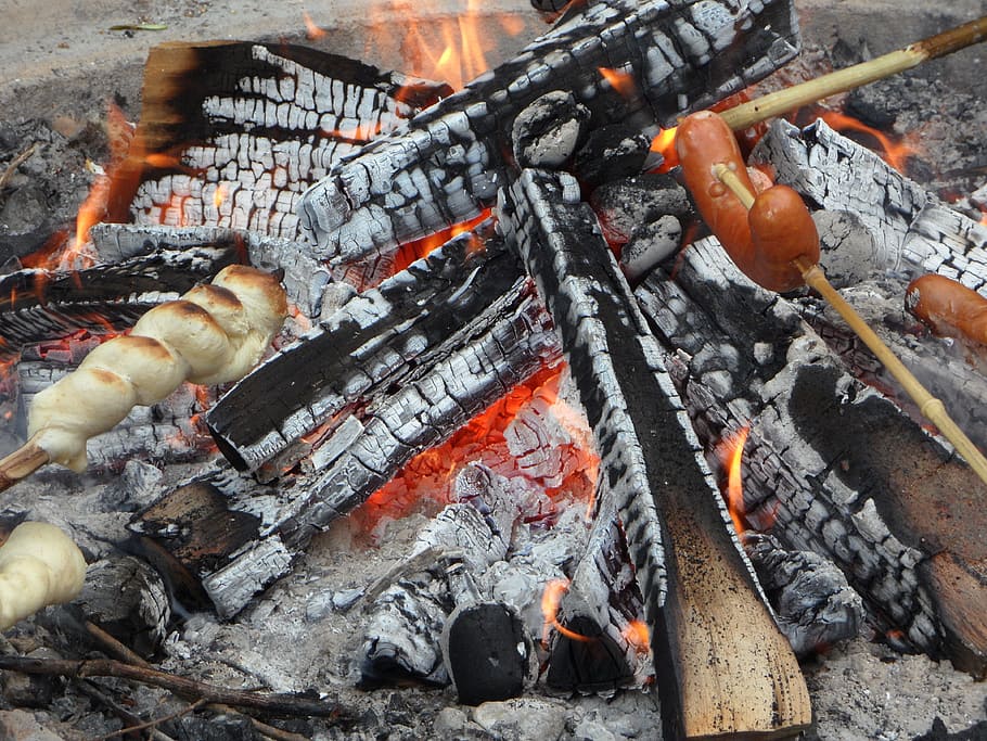 barbecue sausage and dough, fire, fireplace, hot, grill, heat HD wallpaper