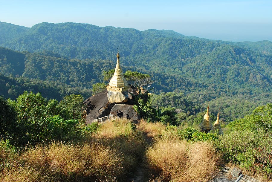 pagoda, mon statw, myanmar, tree, plant, religion, belief, mountain HD wallpaper