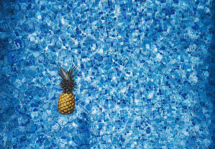 pineapple floating on body of water, pool, outdoor, blue, day HD wallpaper