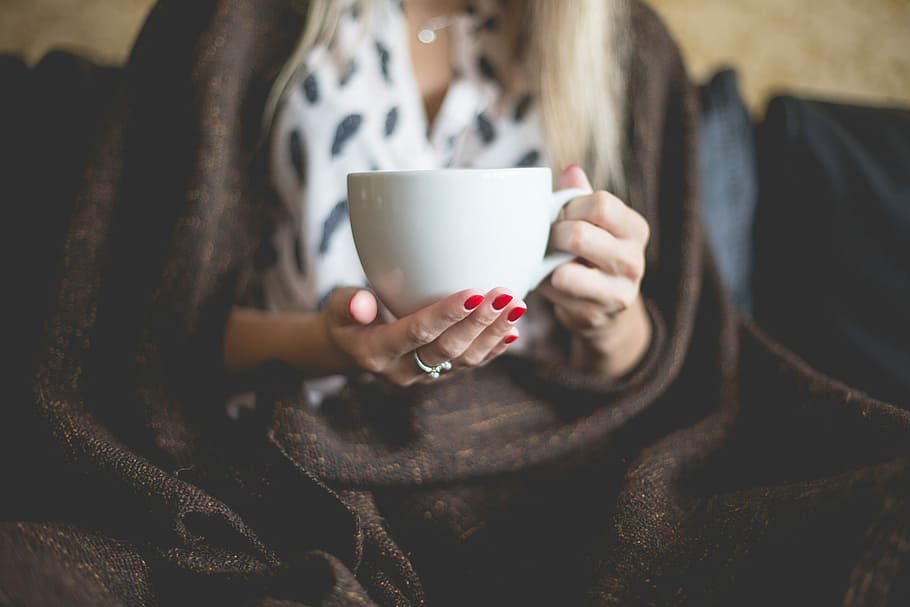 Woman with a Cup of Tea, blanket, coffee, drink, girl, home, hot