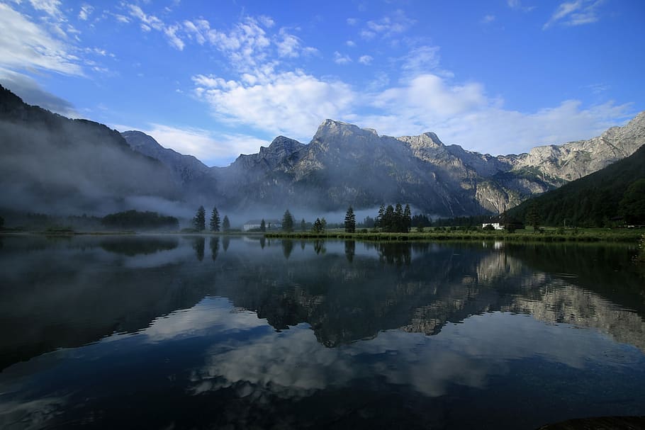clouds, lake, water, mountains, landscape, sunbeam, nature HD wallpaper