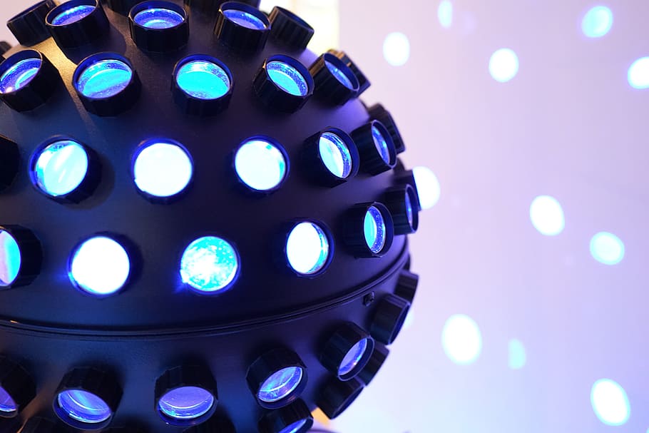 black disco ball, lighting, dj, spots, led, blue, projection HD wallpaper