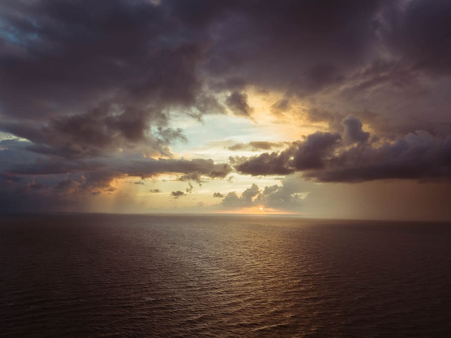 sea, bird's eye view, dawn, nature, beach, clouds, cloudy, dark HD wallpaper