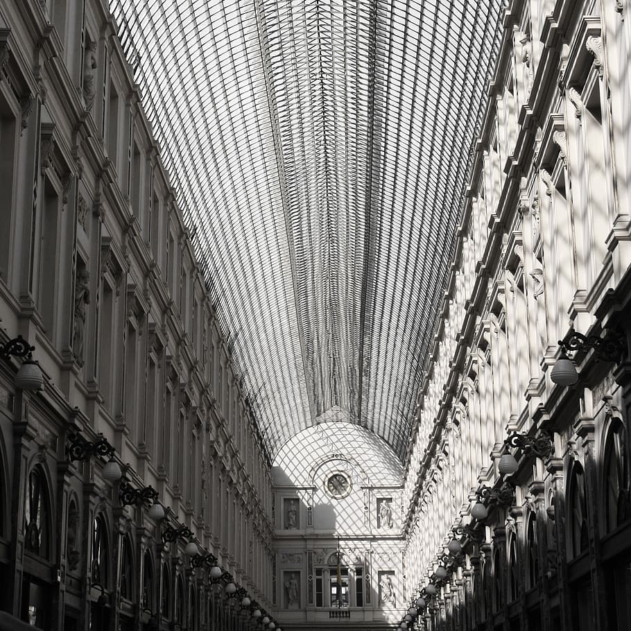 brussels, gallery, black and white, built structure, architecture HD wallpaper