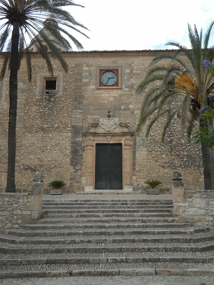 algaida, mallorca, church, portal, clock, stony, facade, architecture, HD wallpaper