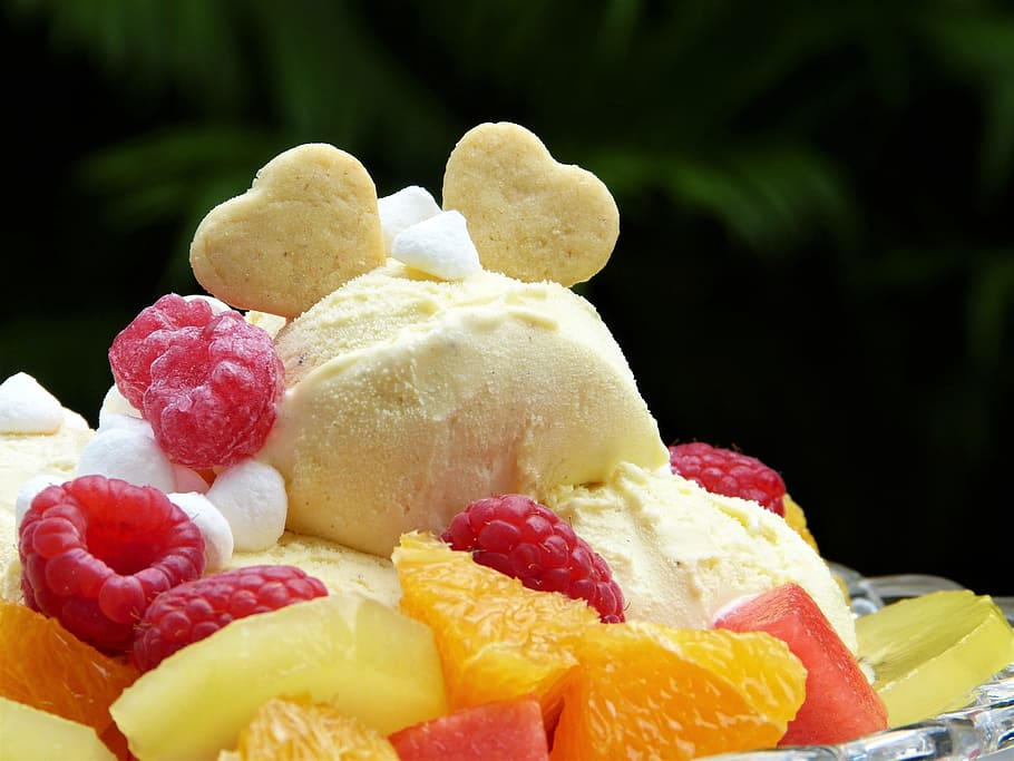 ice cream with mixed fruits, Ice, Ice, Ice Cream Sundae, vanilla ice cream, HD wallpaper