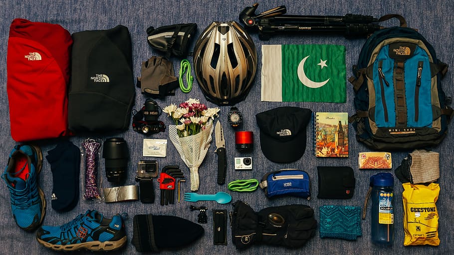 helmet, camera, accessories, lens bag, beanie, backpack, travel HD wallpaper