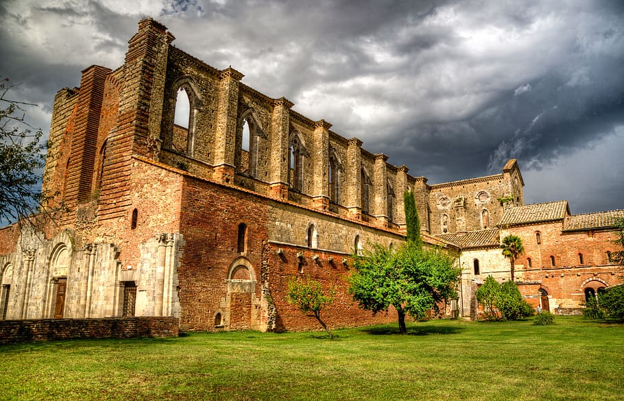 gray concrete building during daytime, ruin, abbey, hdr, sun HD wallpaper