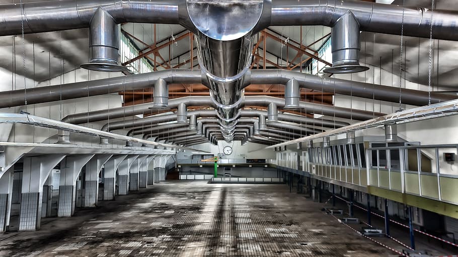 gray metal pipes, industry, hall, ventilation, butter factory