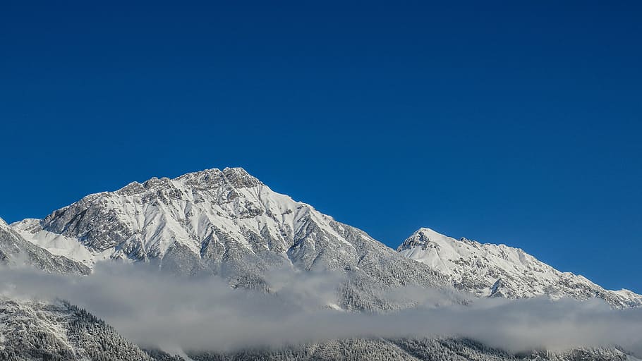 snow-capped mountains, blue, sky, valley, winter, cold, nature, HD wallpaper