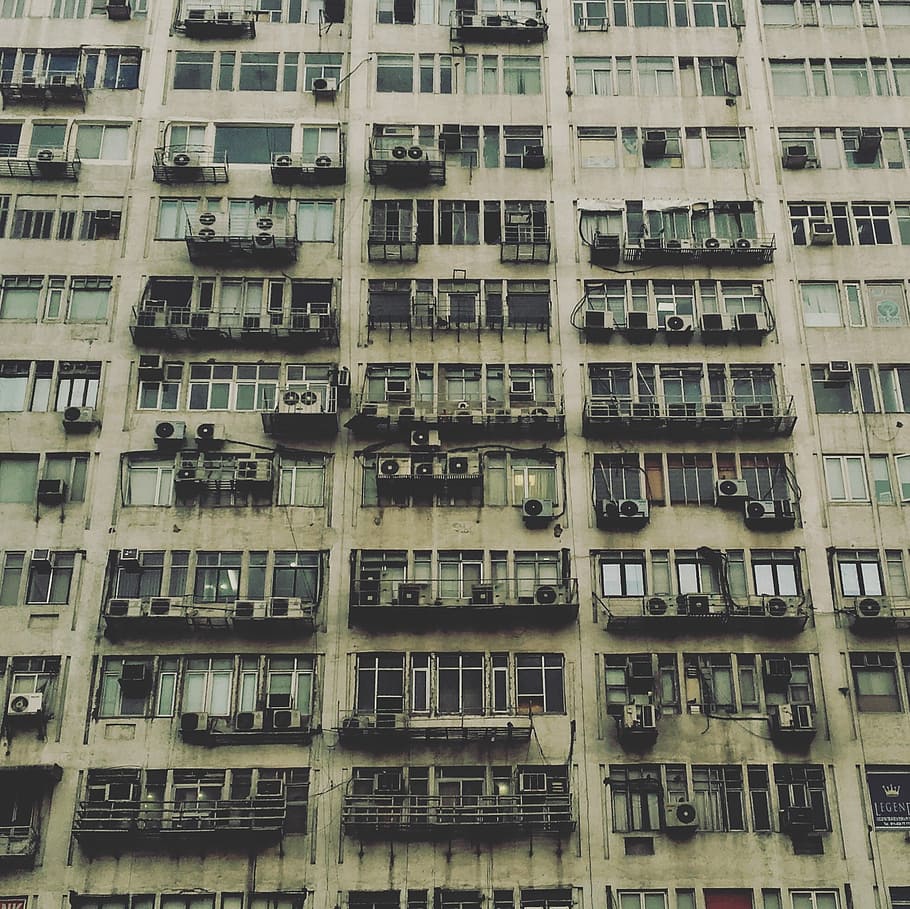 gray concrete building, beige painted building, window, architecture HD wallpaper