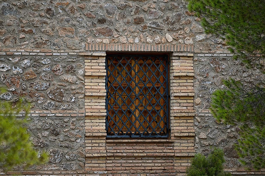 HD wallpaper: window with grate, grating, wrought iron, wall stone