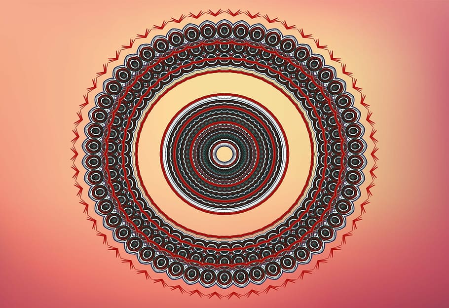 gray and red mandala, ornamental, shape, concentric, round HD wallpaper