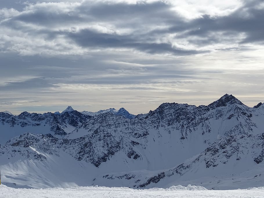 alpine, mountain range, panorama, clouds, snow, ski area, high HD wallpaper