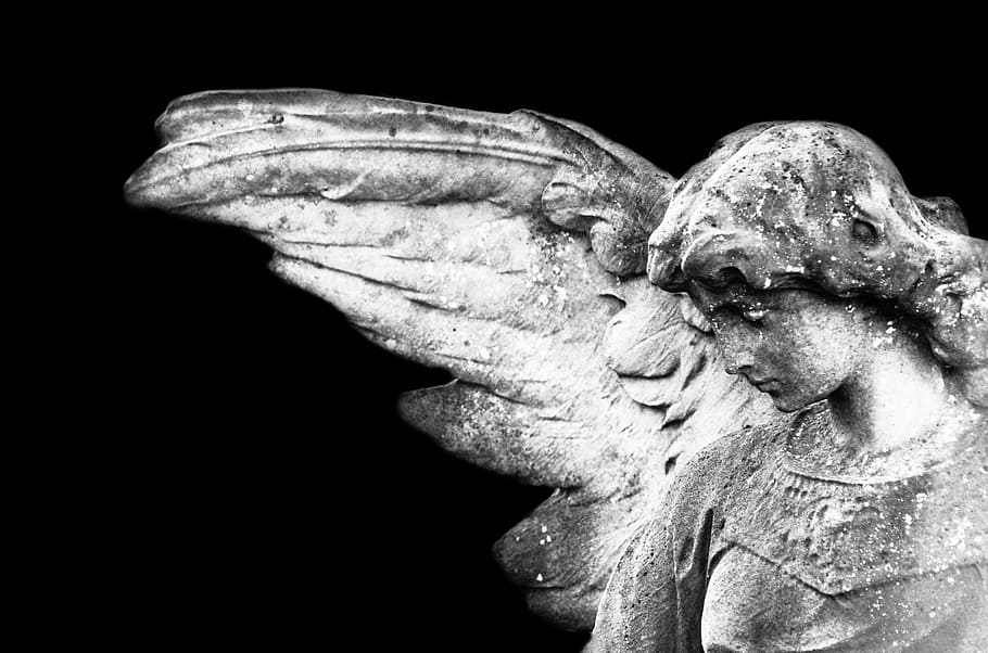 angel statue looking downward, angelic, background, black, christian