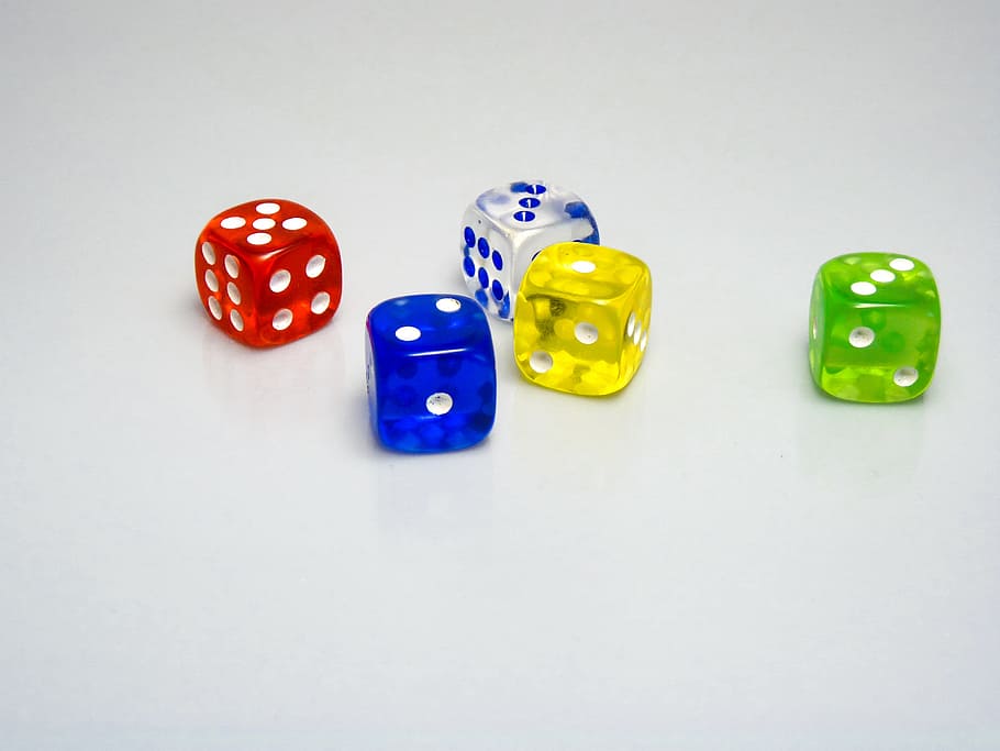 five assorted-color game dices, toy, gambling, red, blue, green, HD wallpaper